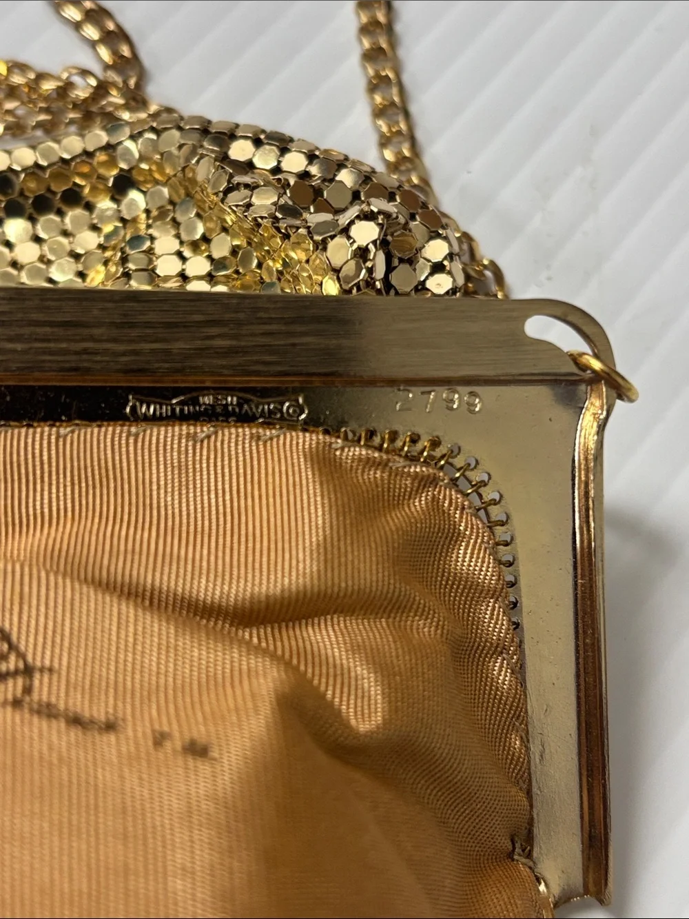 Whiting & Davis Gold Mesh Evening Wristlet with Chain